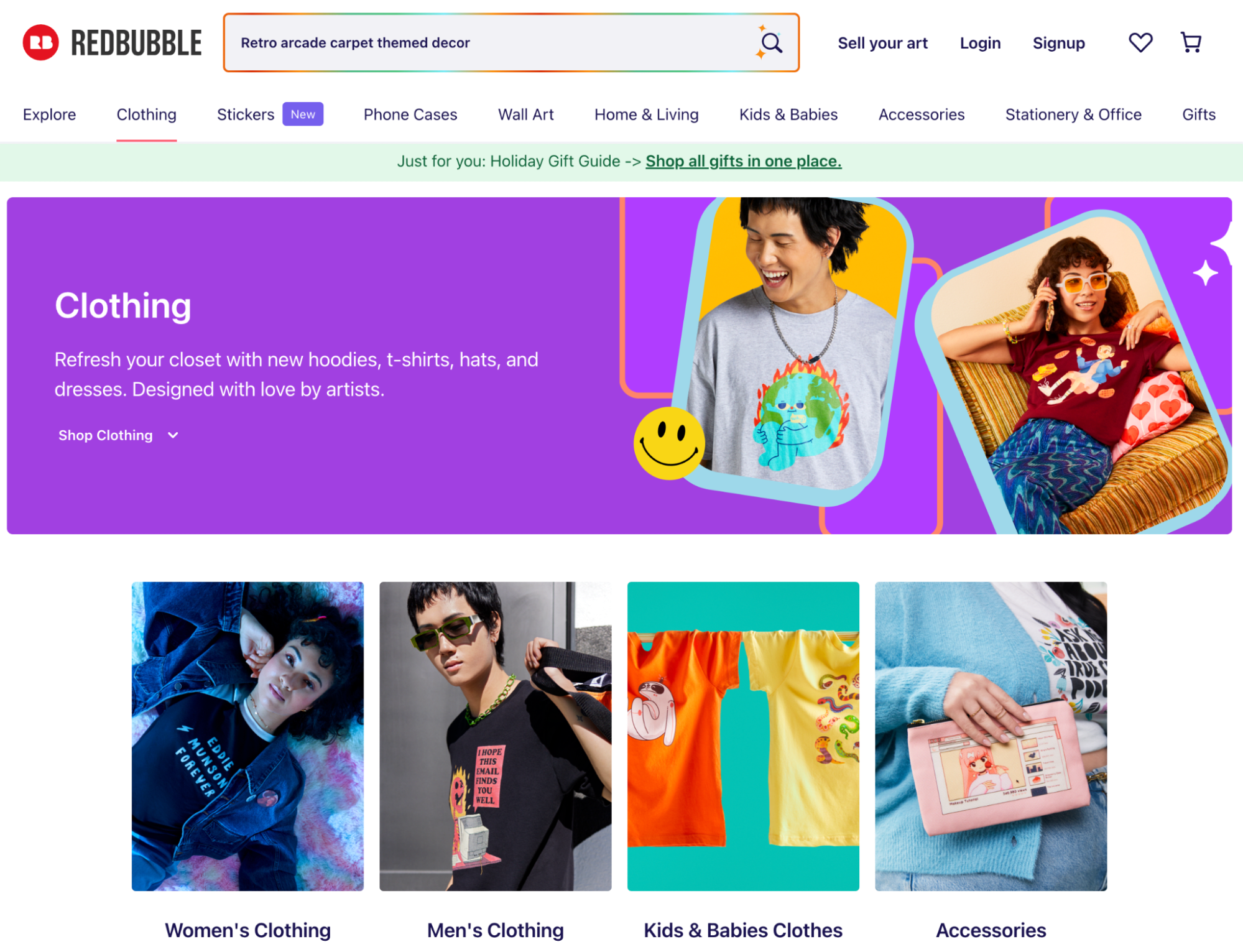 Redbubble clothing page featuring unique hoodies, t-shirts, and accessories designed by artists