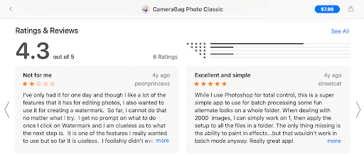 App store reviews for the photo editing app CameraBag Photo Classic