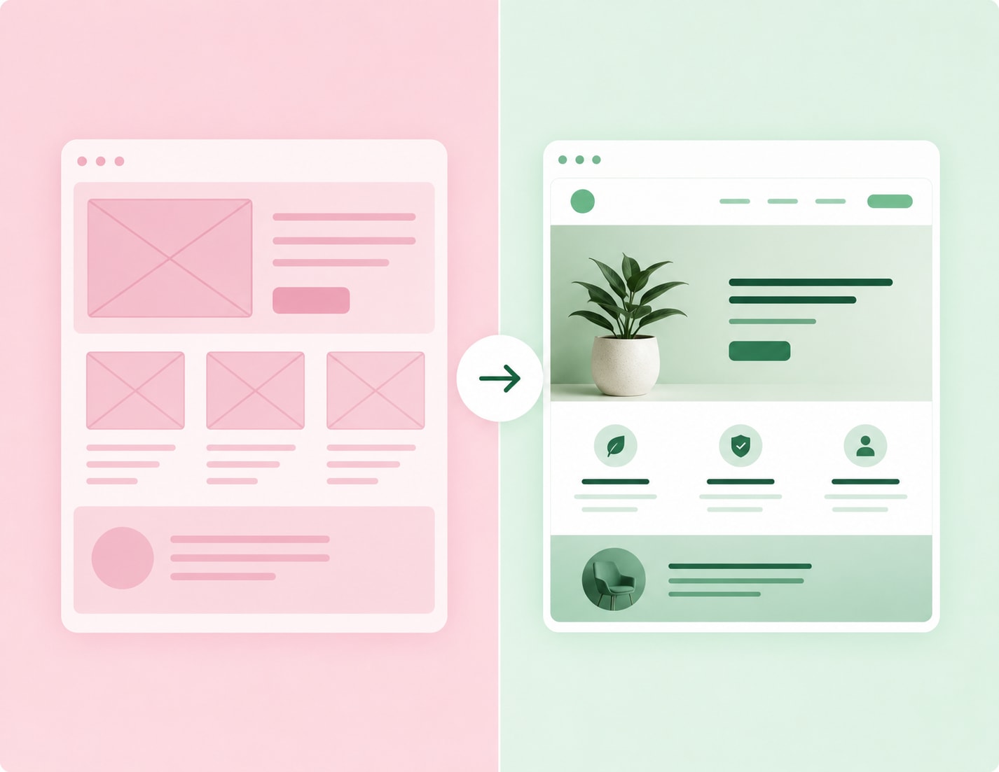 Side-by-side comparison of a pink website wireframe and the finished green website design built from it