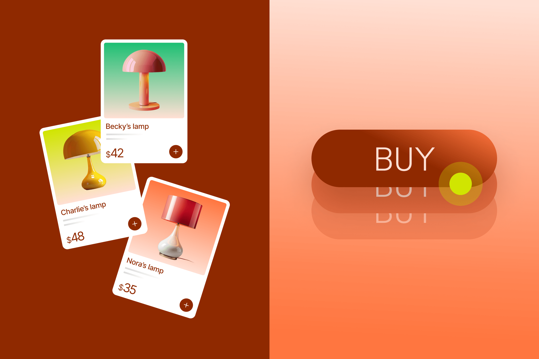 Product cards with designer lamps and a stylized buy button on an orange background