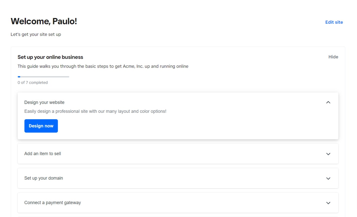 Weebly ecommerce setup page with options to design a website, add items to sell, and connect a domain.