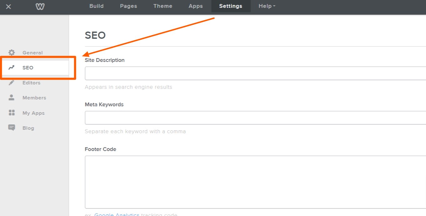 Weebly SEO settings screen with fields for site description, meta keywords, and footer code.