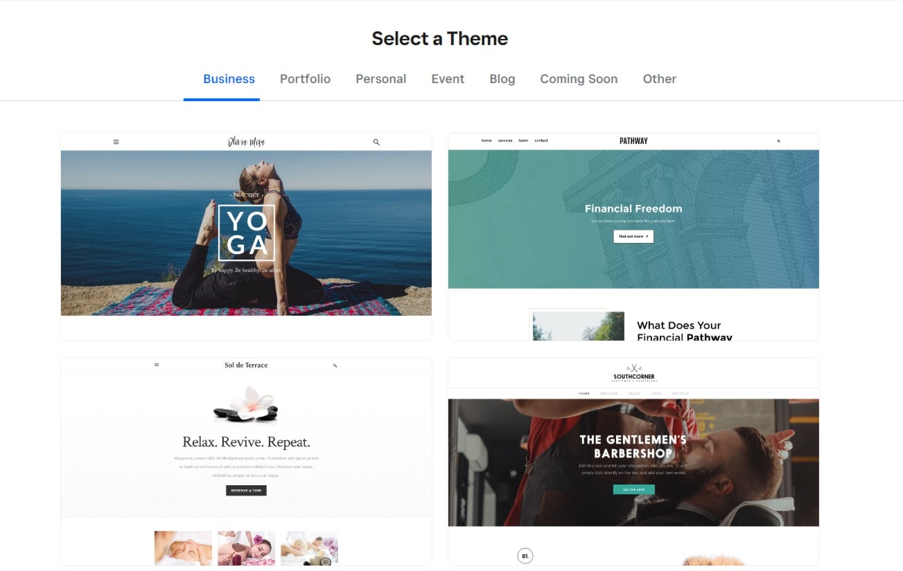 Weebly theme selection screen with various template options under the Business category
