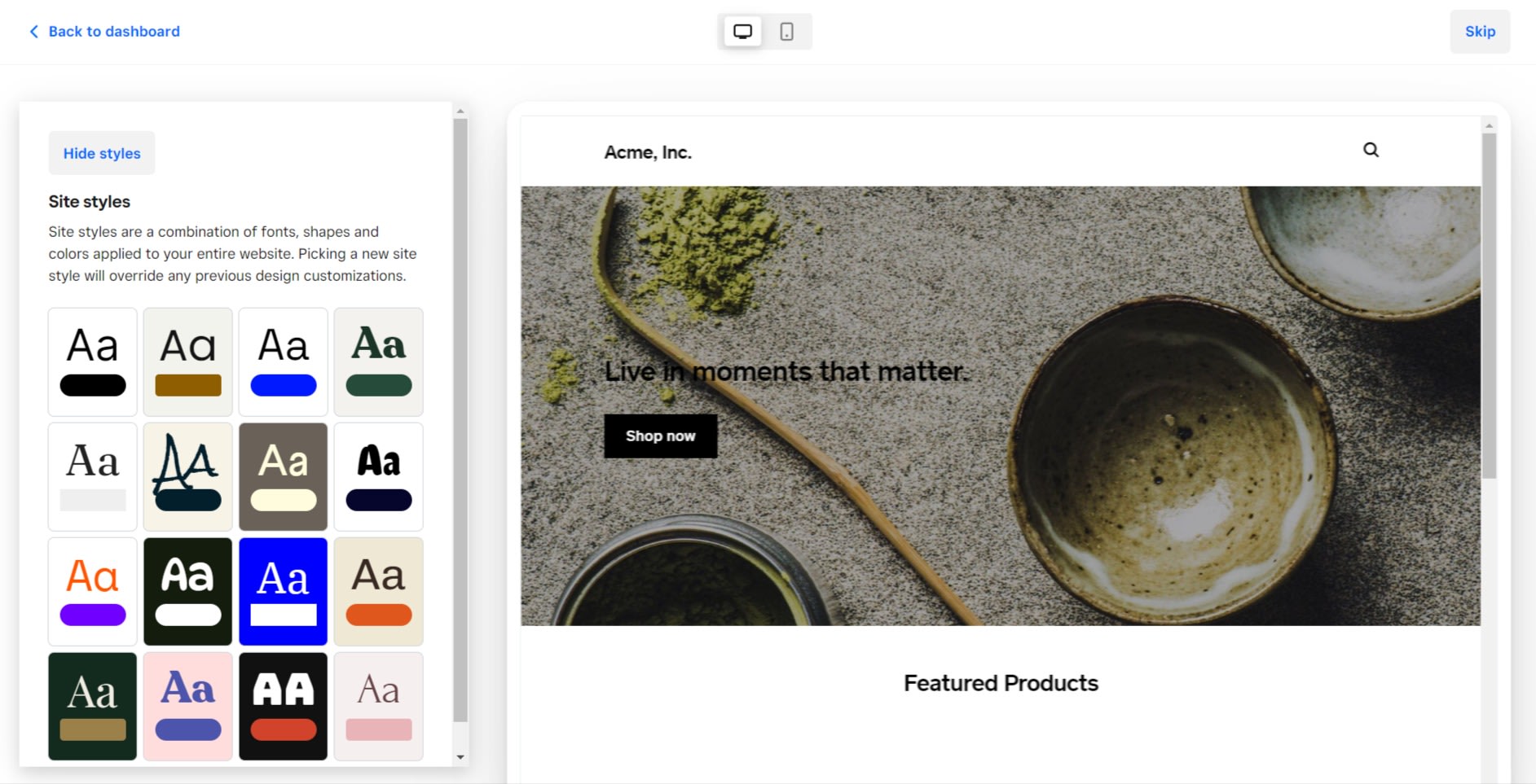 Weebly ecommerce theme editor showing font and color style options with a website preview