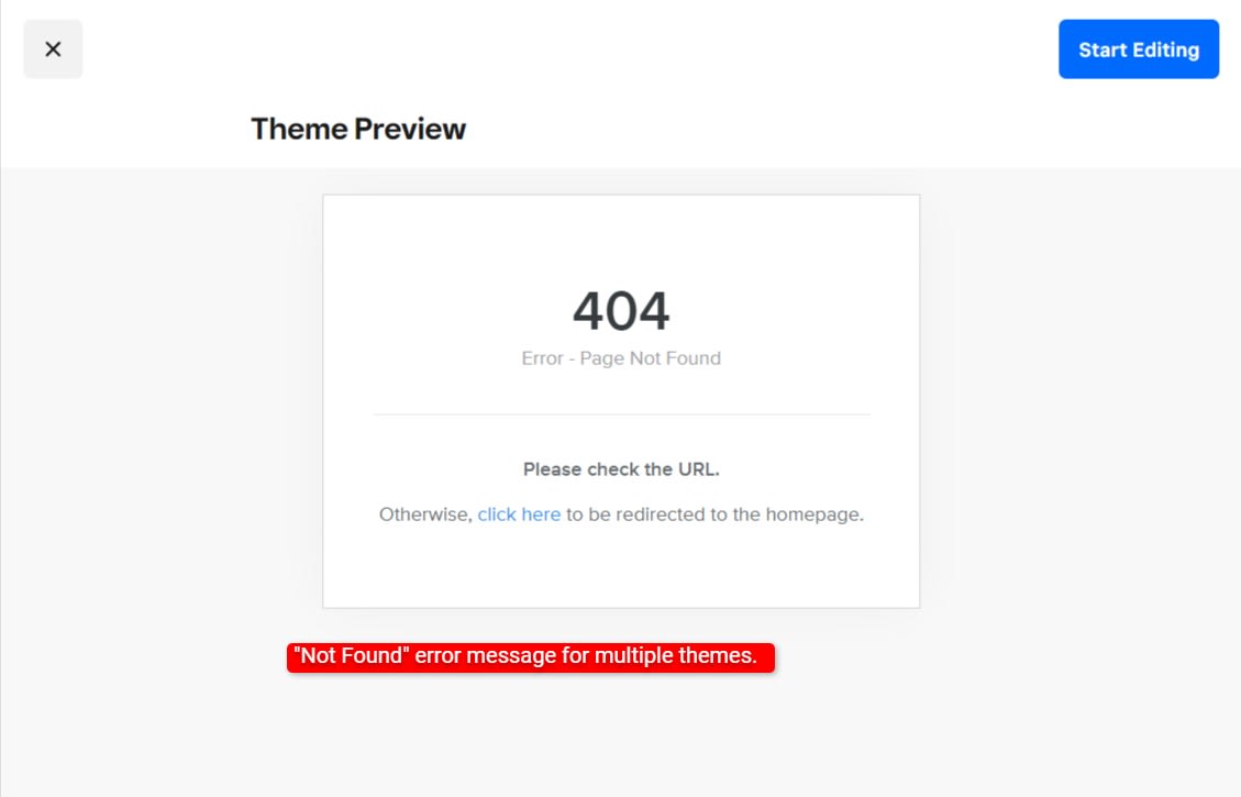 Error message '404 Page Not Found' displayed when attempting to preview a Weebly theme