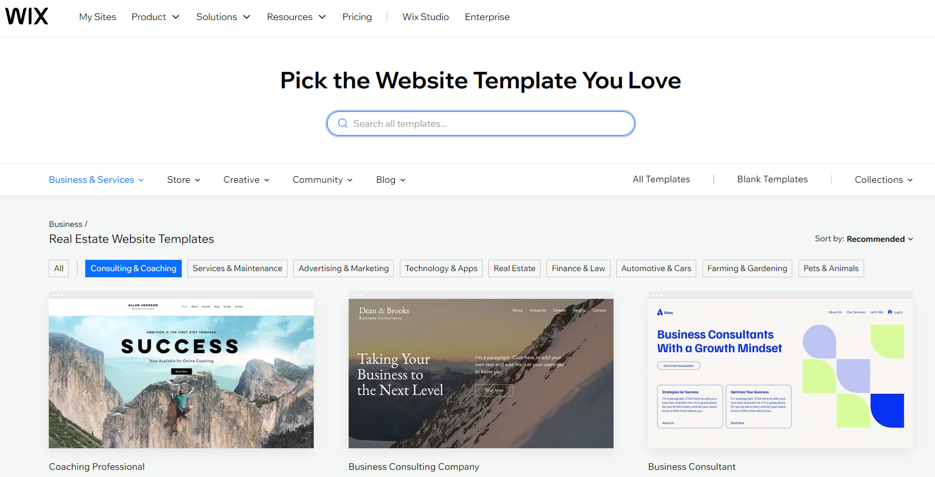 Wix template selection screen showing various website templates organized by categories.