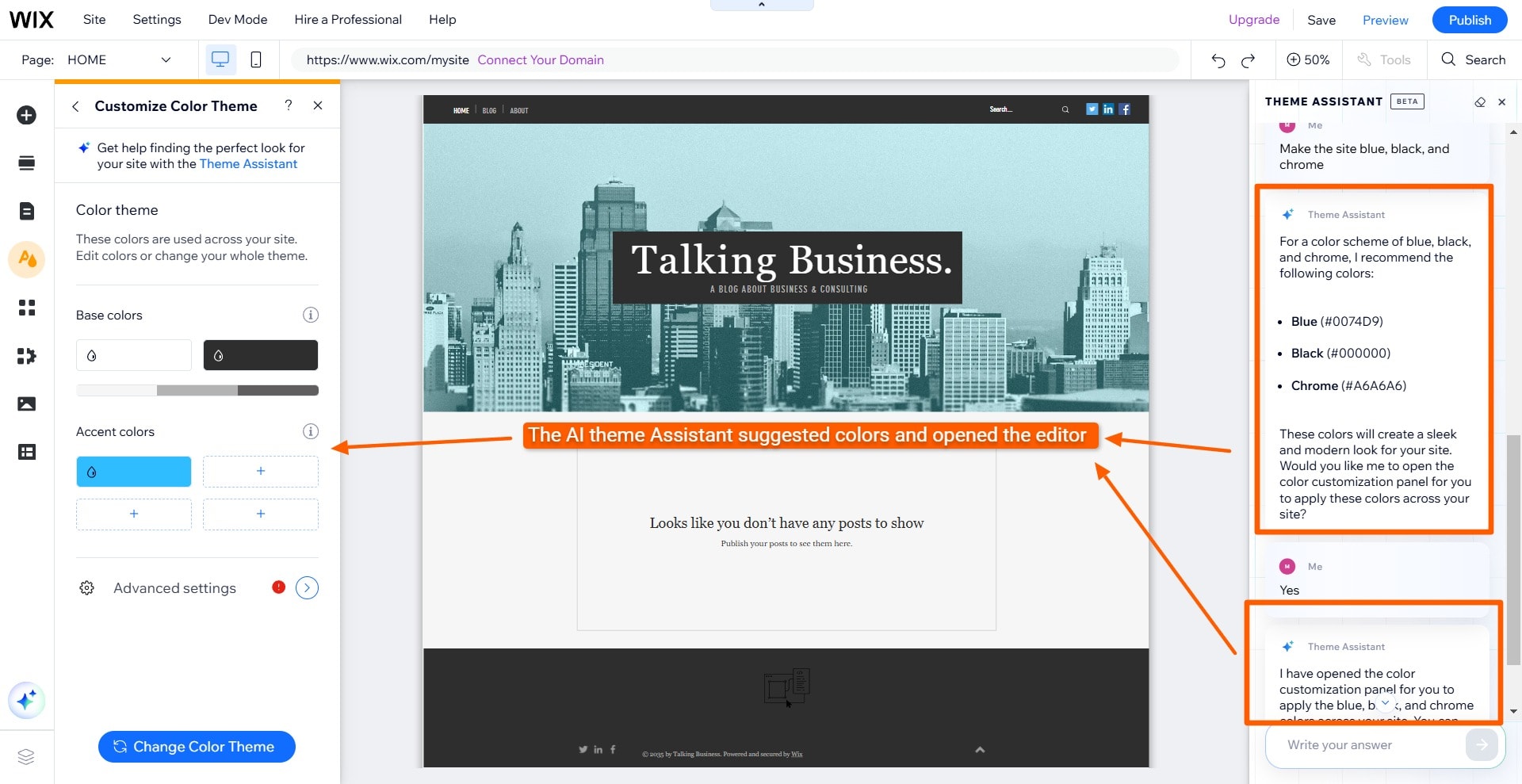 Wix editor with AI theme assistant suggesting color options and auto-opening editor sections for customization.
