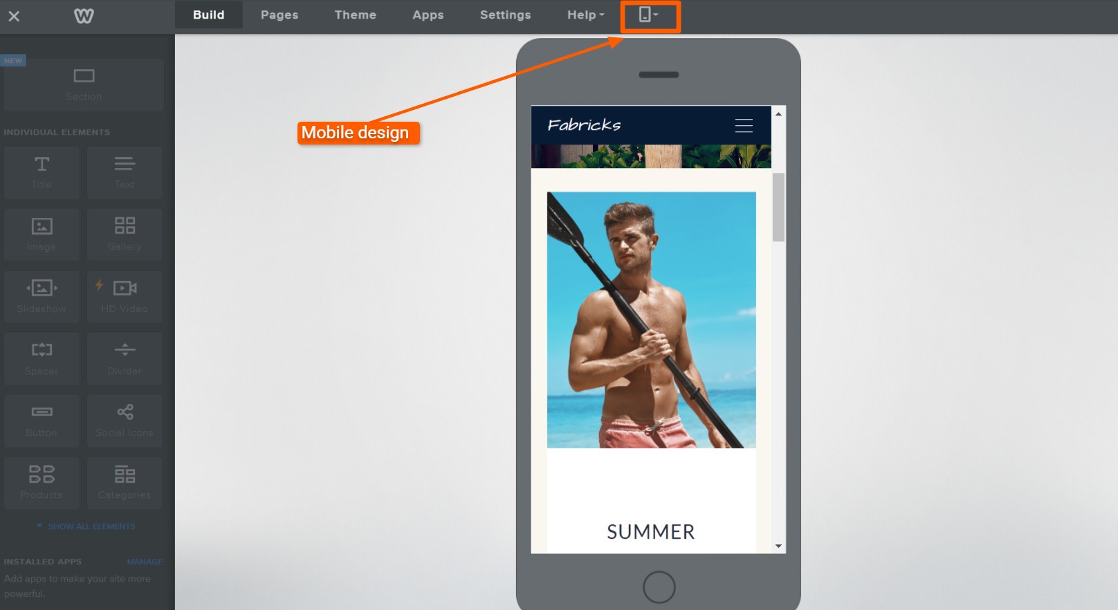 Weebly editor displaying mobile design view for previewing site layout on a mobile device