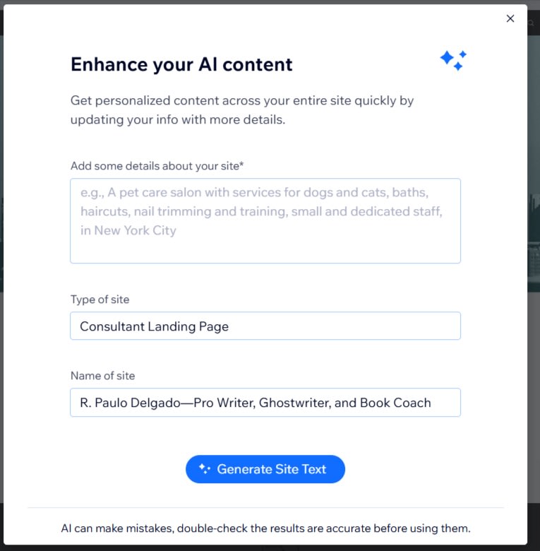 Wix AI content generator interface with options to add site details, select site type, and generate text.