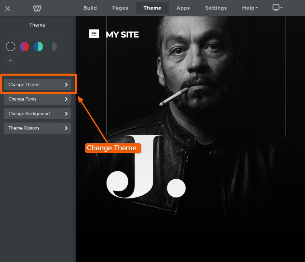 Weebly theme editor with option to change theme, fonts, background, and theme options