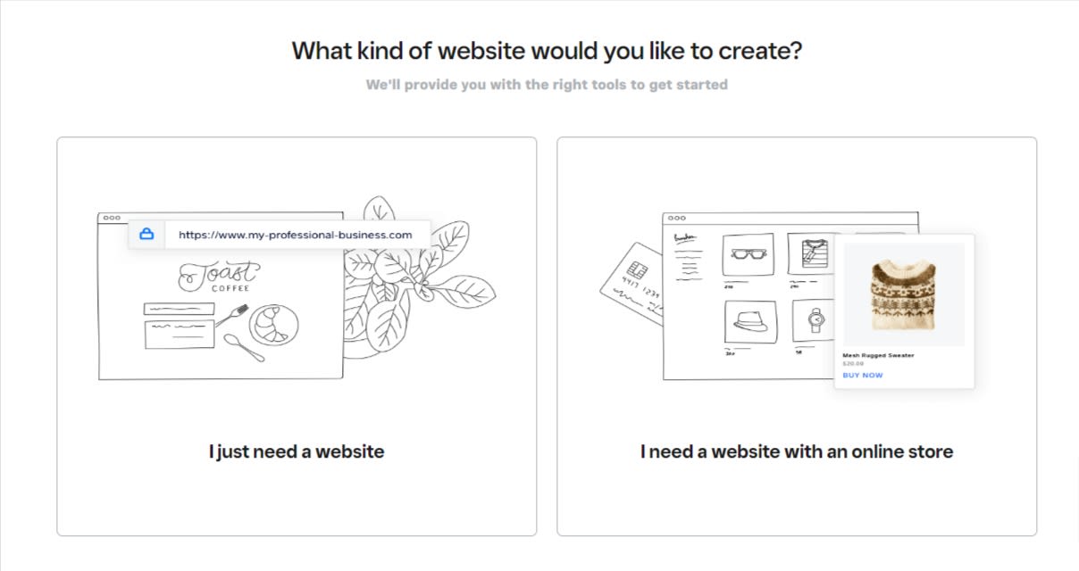 Two options for website creation on Weebly: one for a basic website and one for a website with an online store.