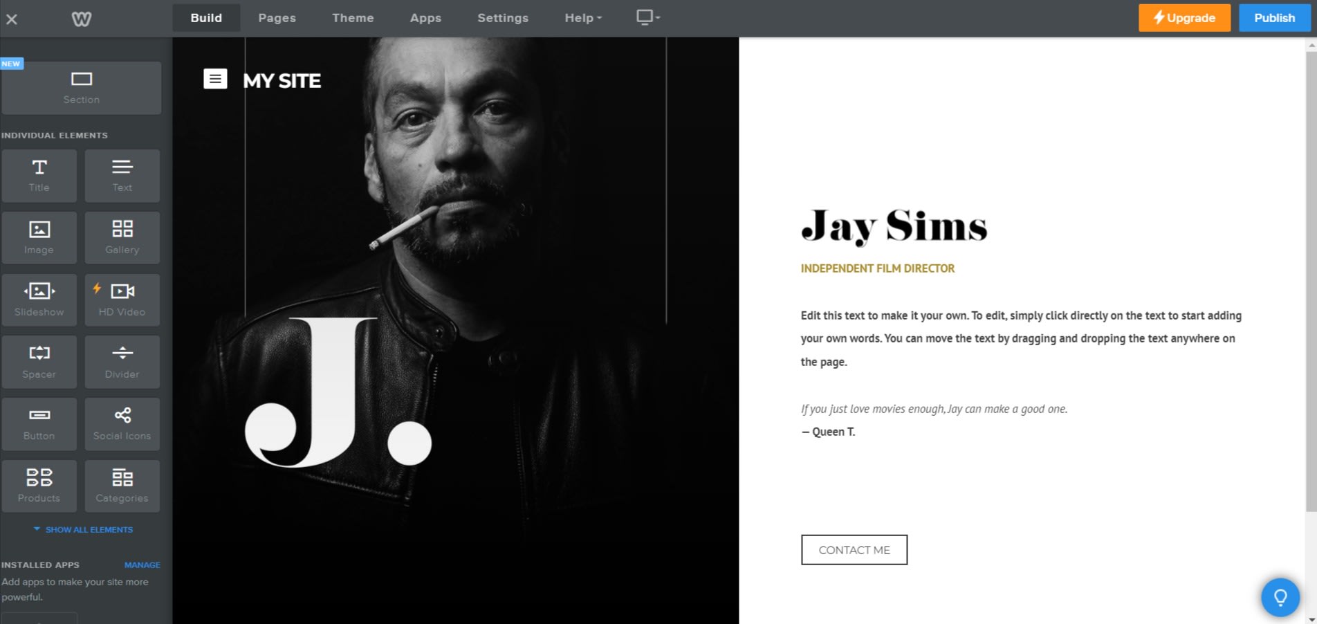 Weebly drag-and-drop editor featuring a customizable webpage for an independent film director