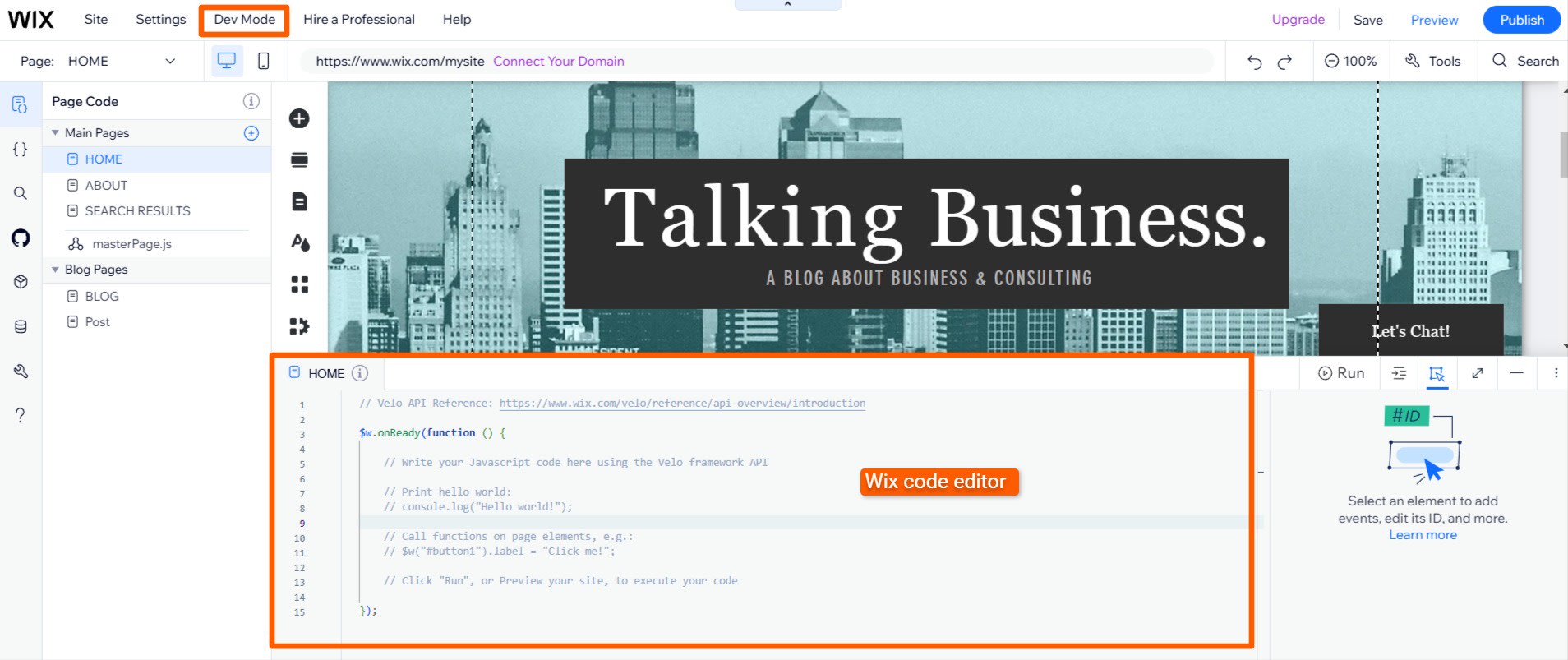Wix Dev Mode with a code editor displayed for customizing a business blog website