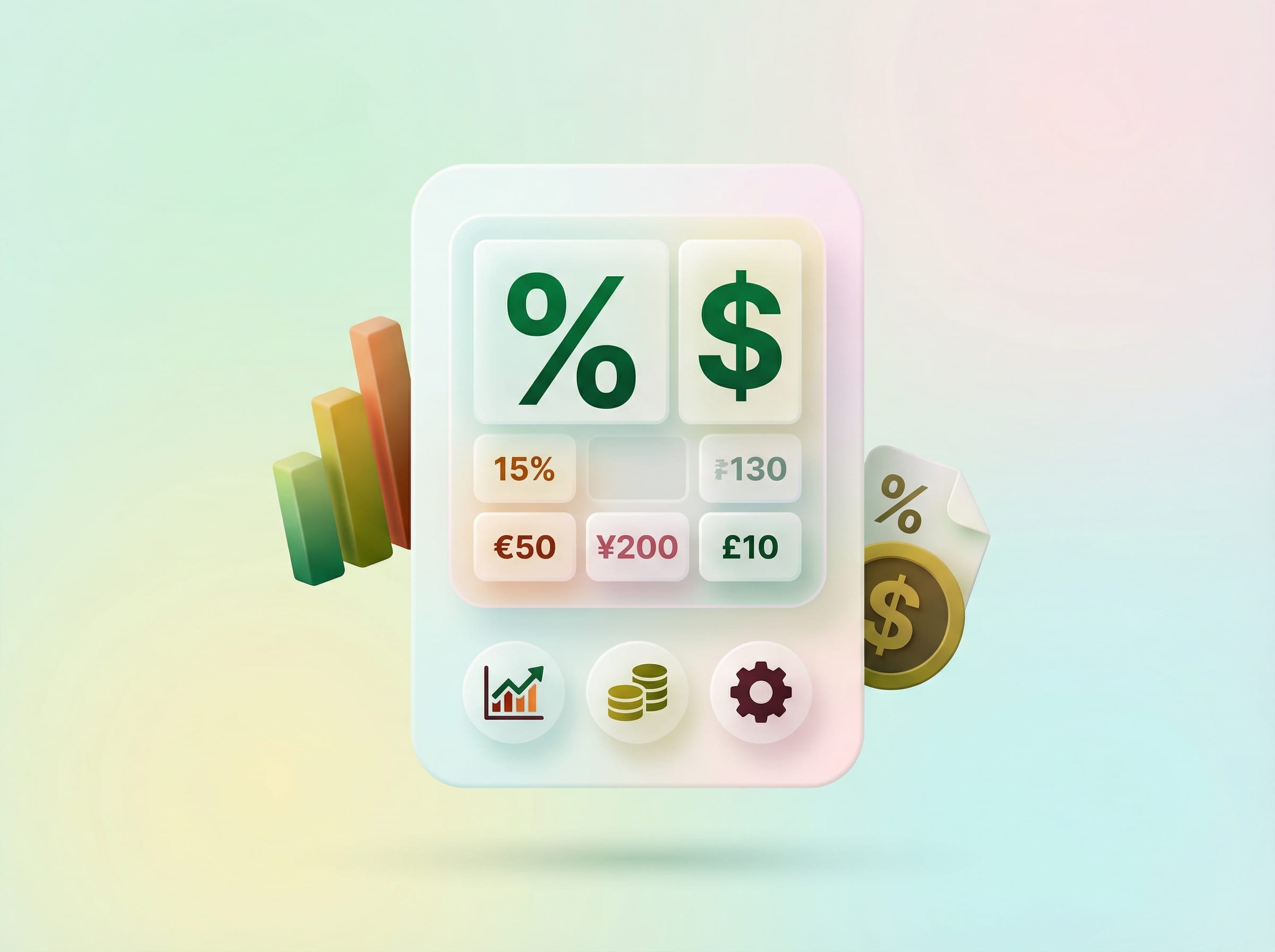 3D illustration of a financial dashboard with currency symbols, charts, coins, and settings icons
