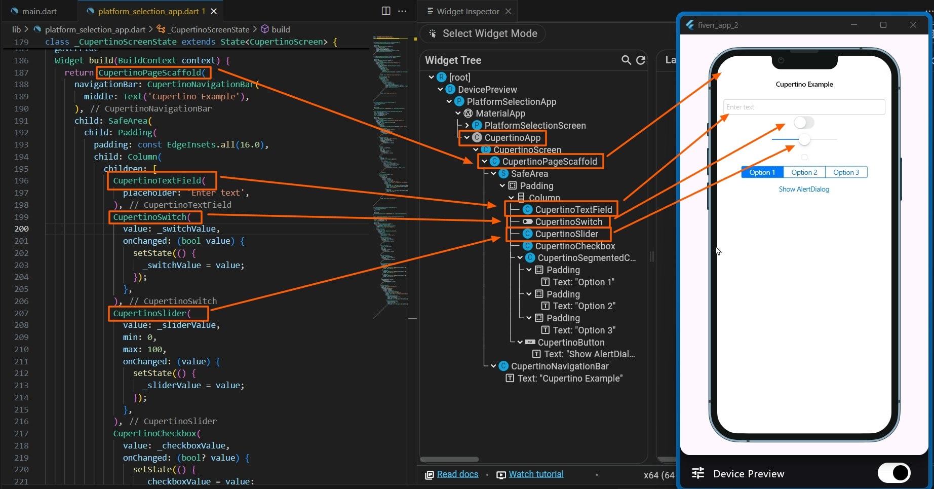 Flutter app and code showing iOS’s “Cupertino” style