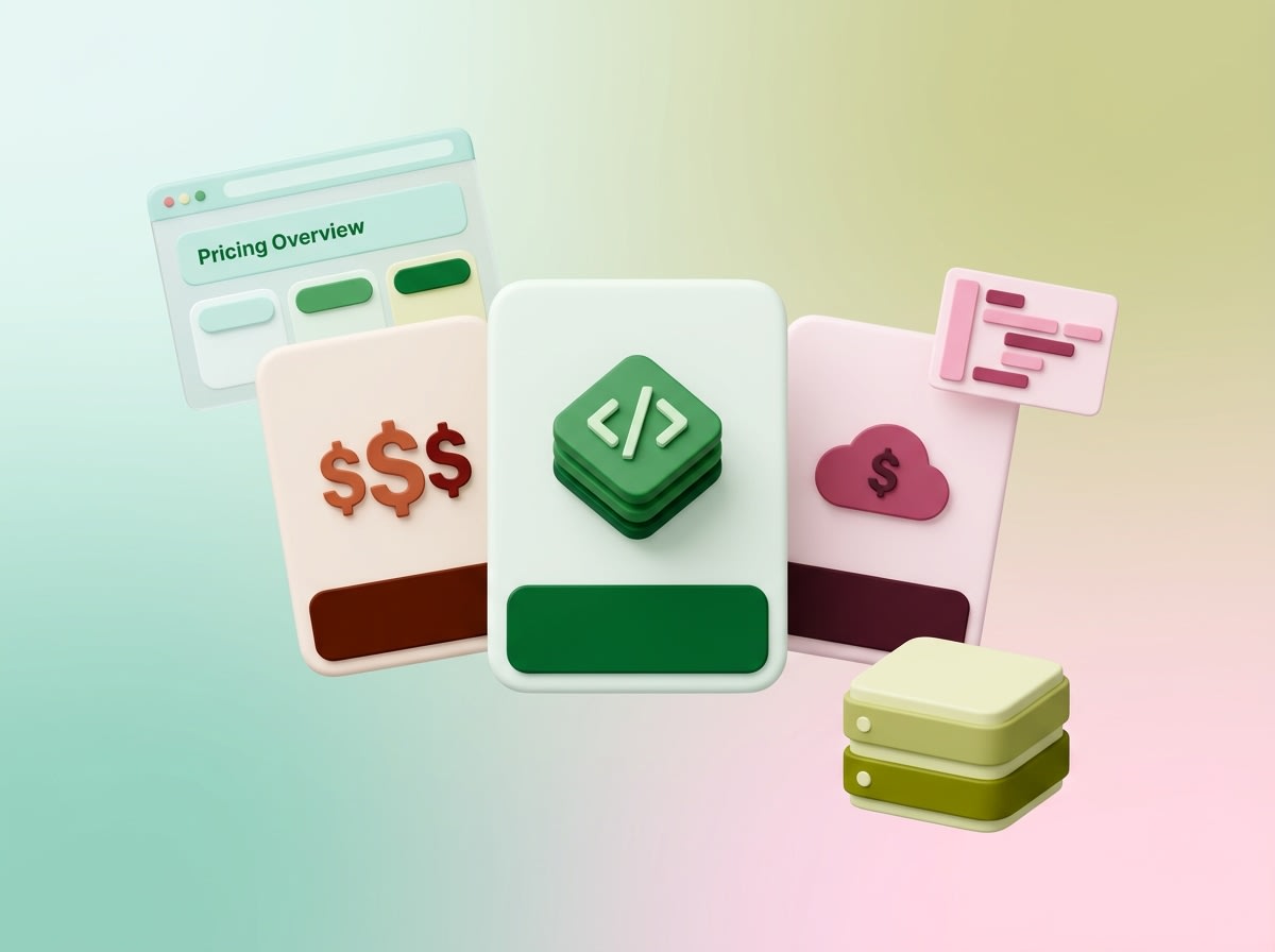 3D cards with a pricing overview, code icon, and cloud payment
