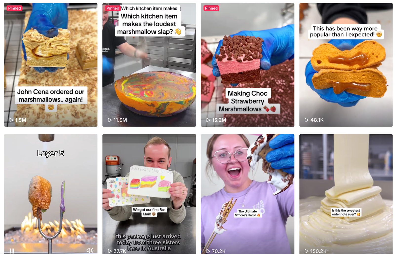 Examples of popular videos on the Marshmallow Co. TikTok page