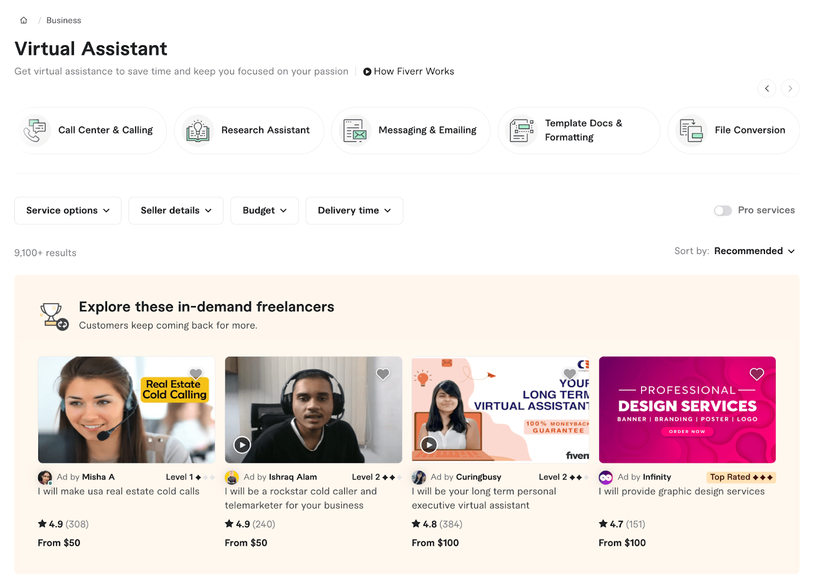 Virtual assistant service category on Fiverr with featured freelancers