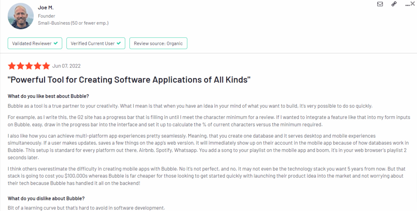 A positive review of Bubble from a G2 user