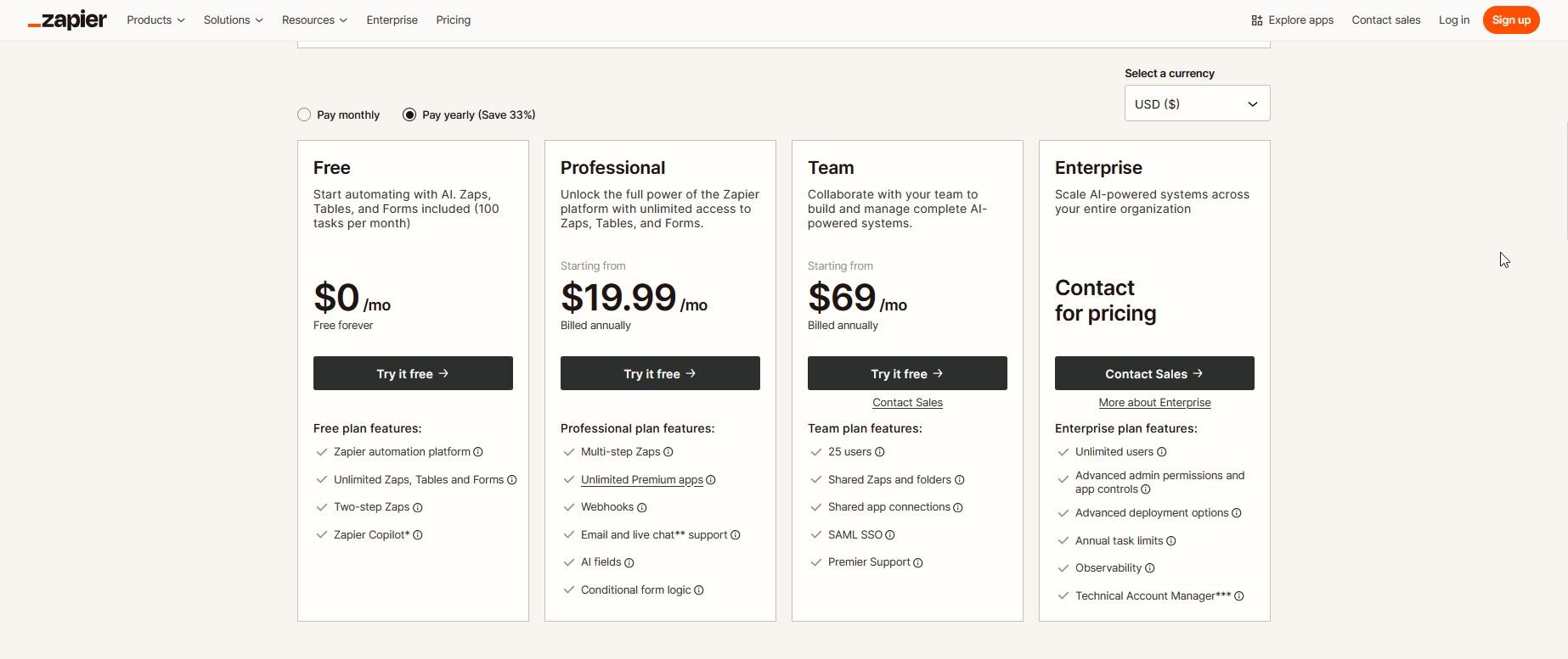 Zapier.com pricing page