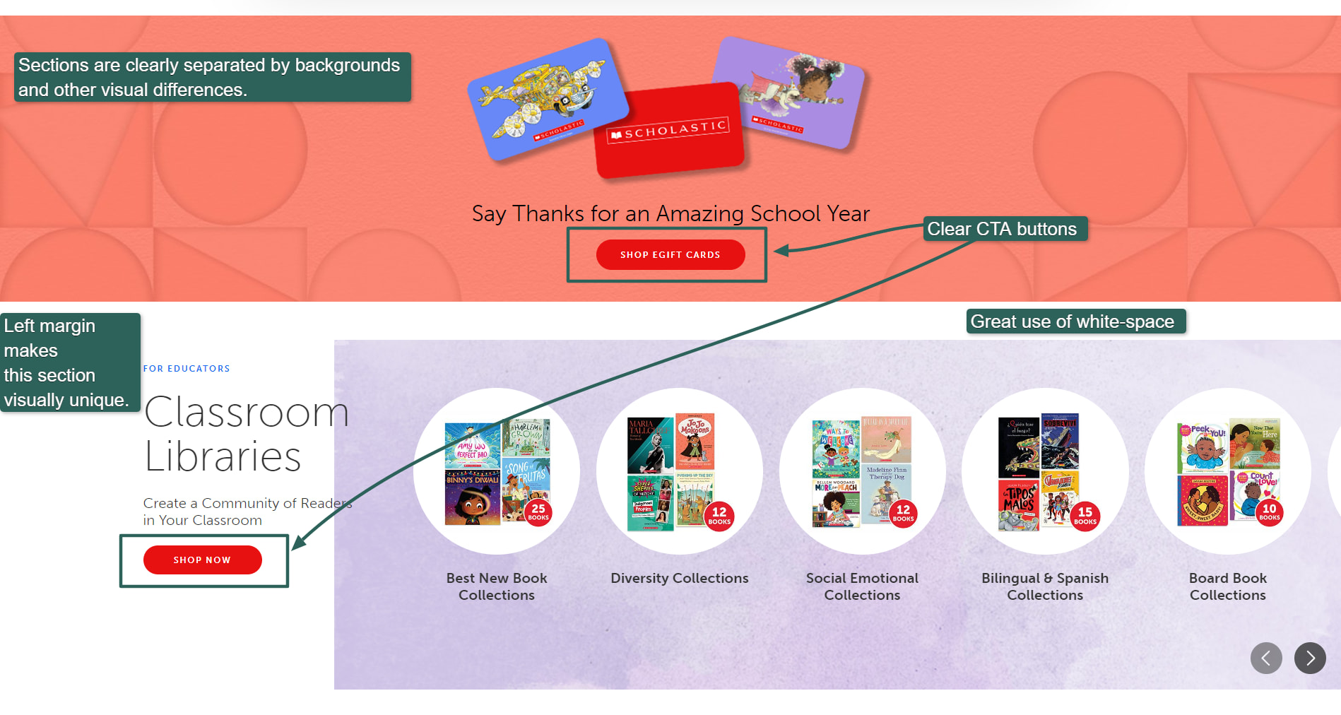 Visually distinct sections