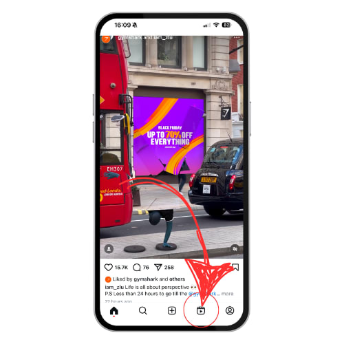 Mobile phone screen showing an Instagram story with a Black Friday sale ad and a red arrow pointing at icons