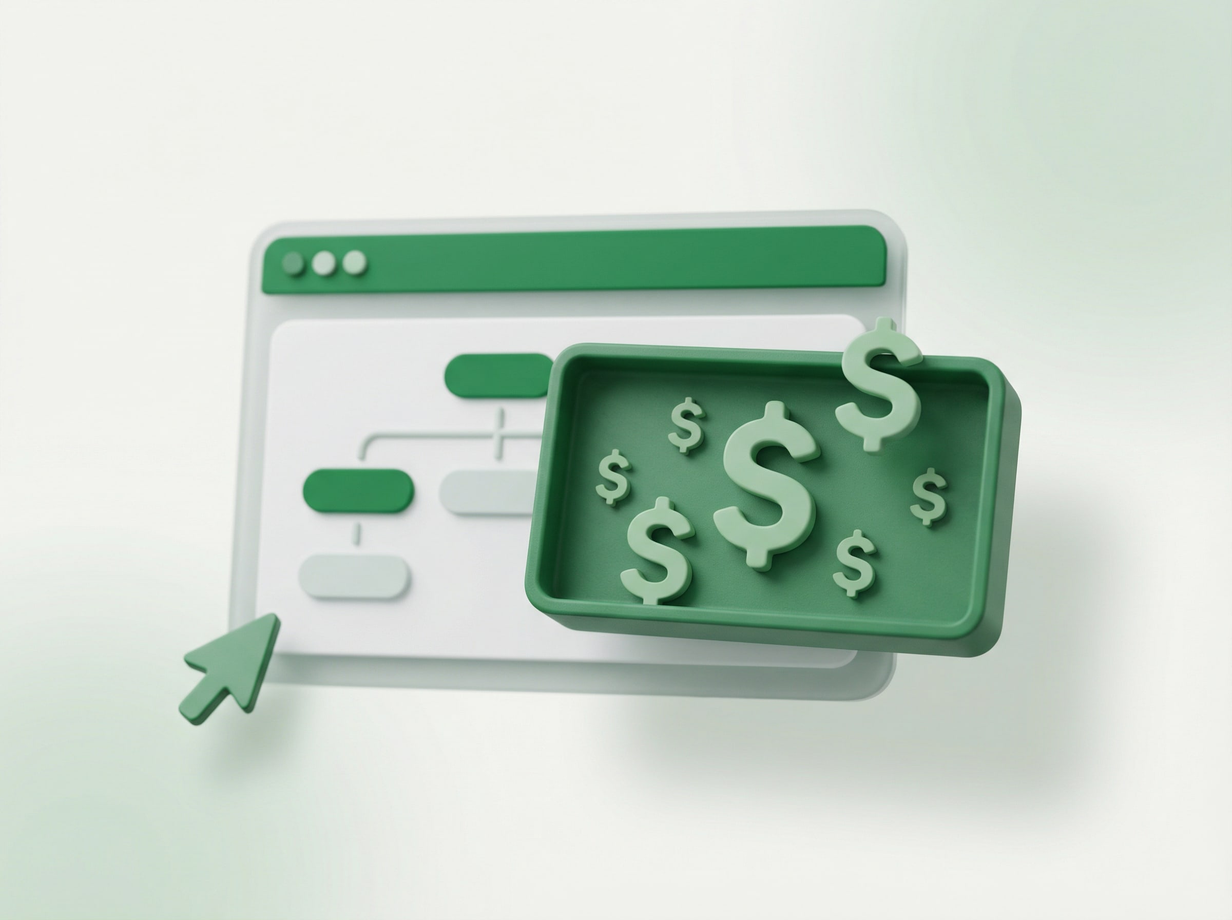 3D illustration of a monetization dashboard with dollar icons and workflow interface