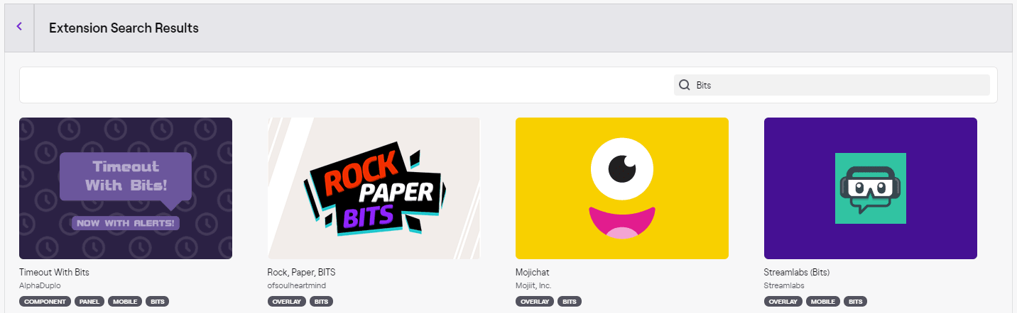 Search results for Twitch extensions related to Bits, including 'Timeout With Bits,' and 'Streamlabs (Bits)