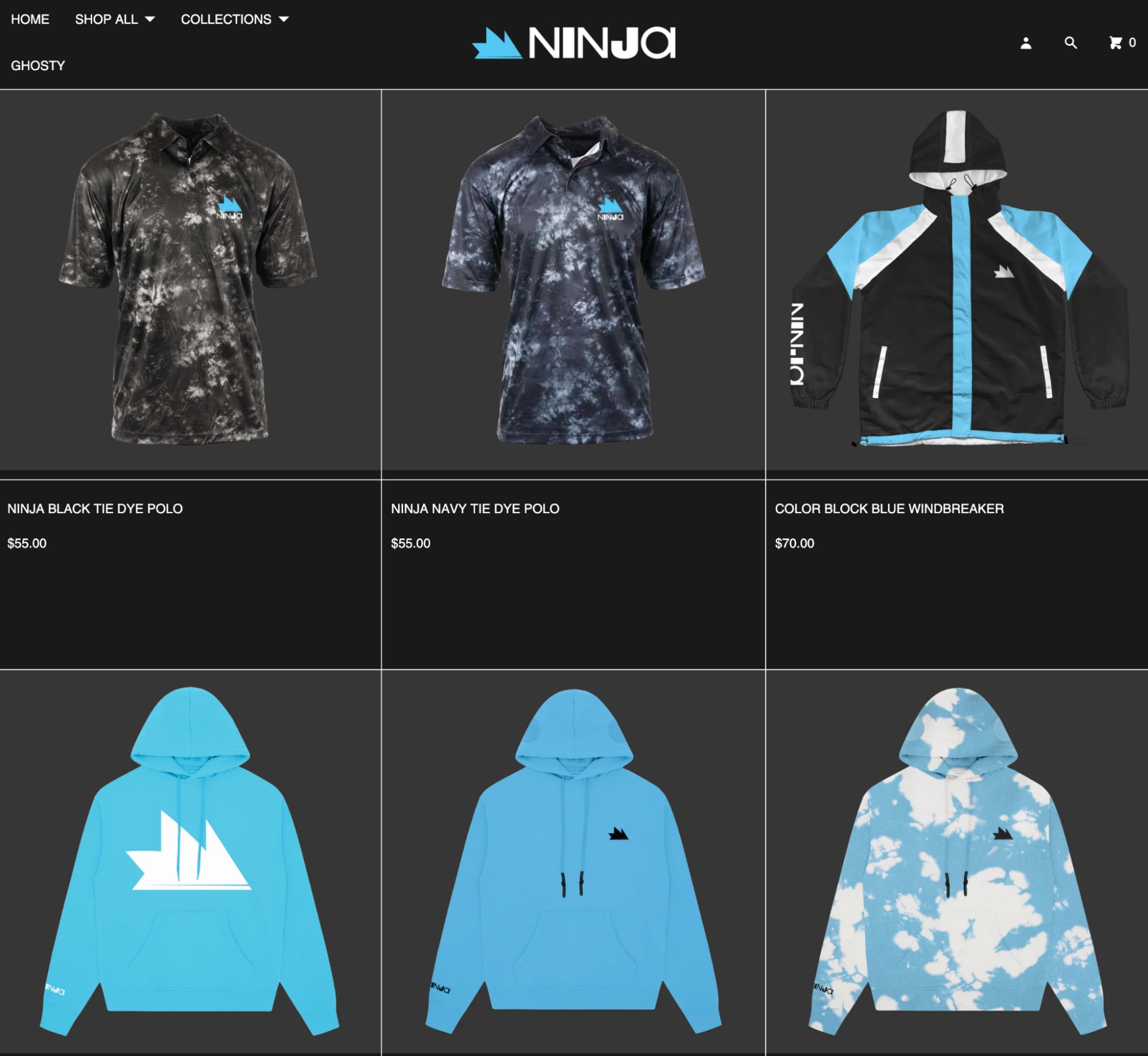 Ninja merch store showing tie-dye polos, windbreaker, and hoodies with Ninja's logo, priced from $55 to $70