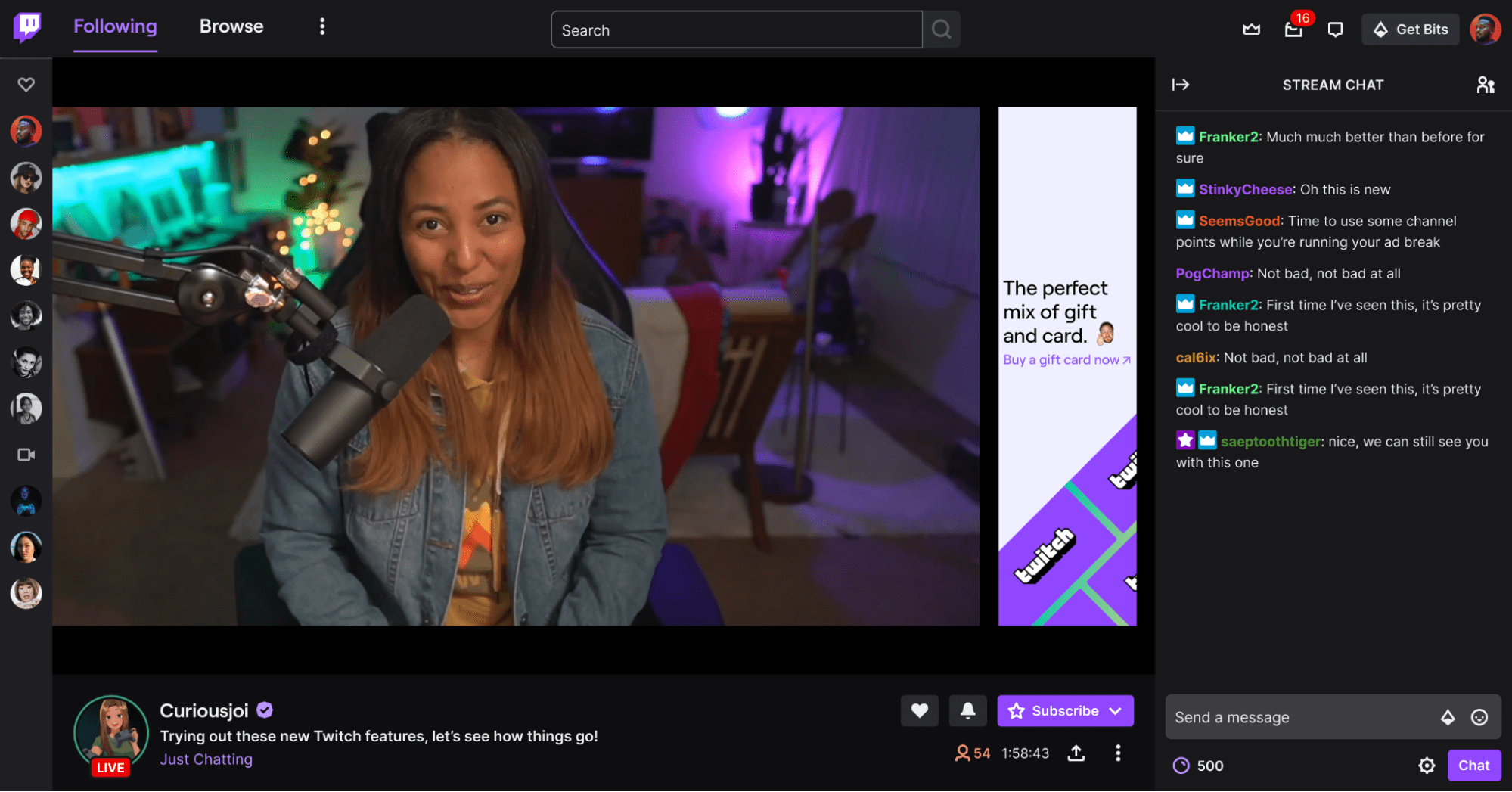 Streamer Curiousjoi live on Twitch, chatting with viewers; stream chat and gift card ad on the right
