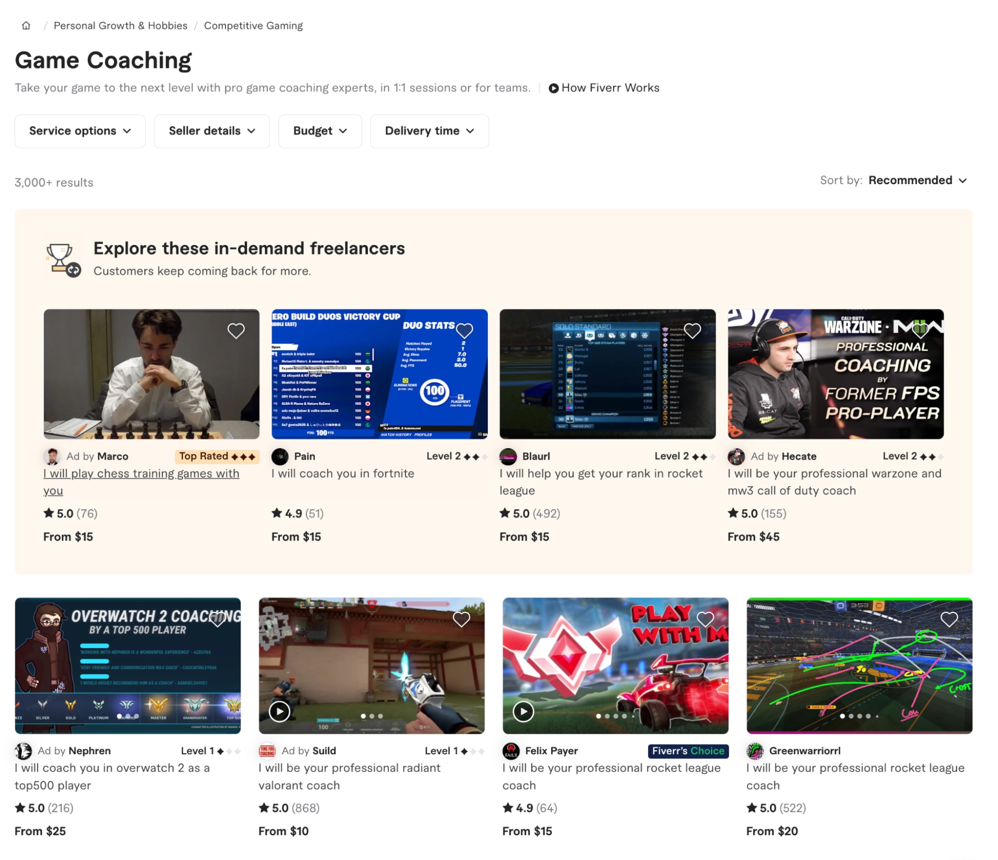 Fiverr marketplace category for game coaching