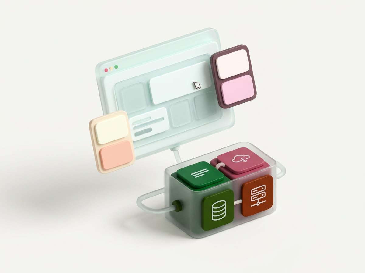 3D browser window with floating UI blocks, connected to a box of database, cloud, and server icons