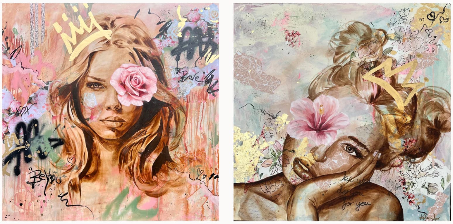 Two mixed-media portraits of women, each wearing a gold crown and a pink flower over one eye