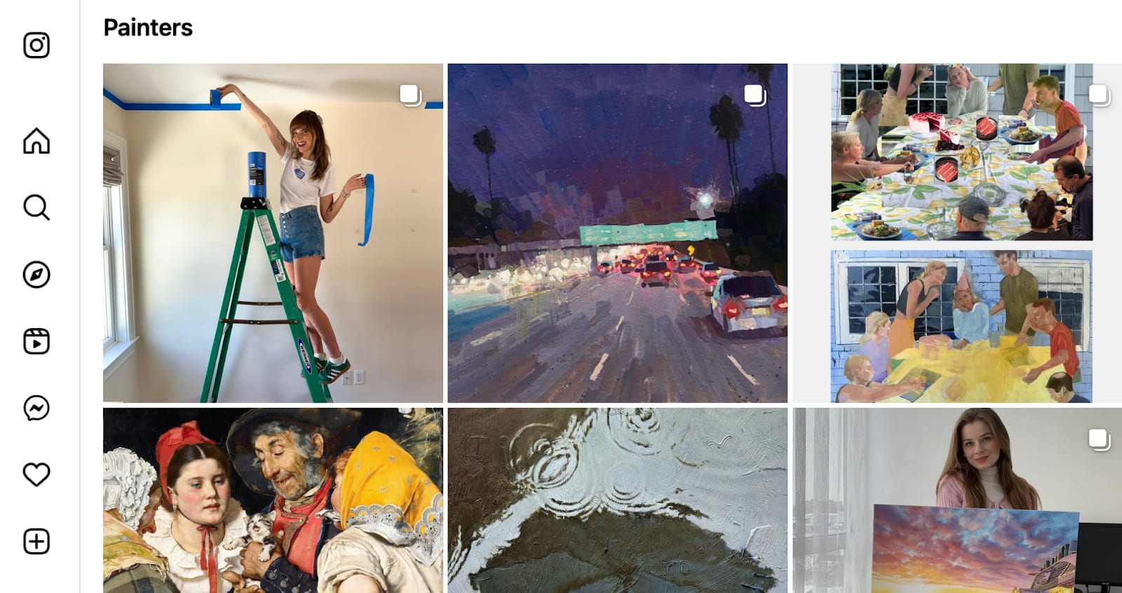 Instagram grid of painter-related posts, including a woman painting and various art scenes.