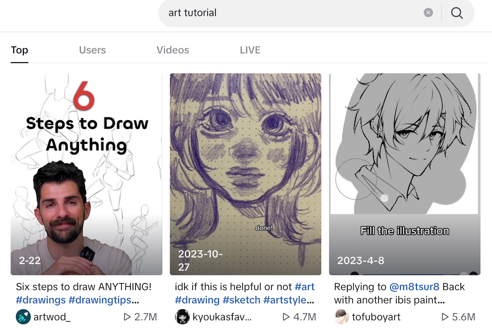 TikTok search results for 'art tutorial' showing drawing and illustration videos