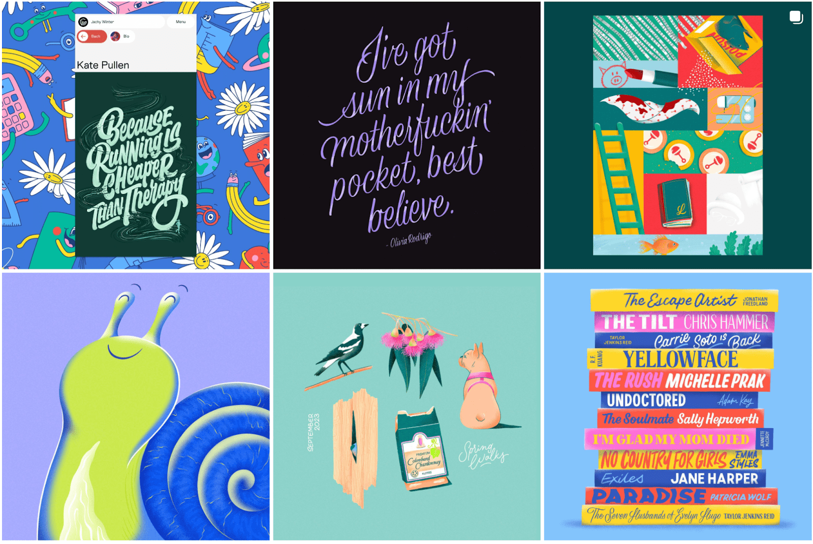 Six colorful illustrations including motivational quotes, a snail, a bird and cat with wine, and a stack of books