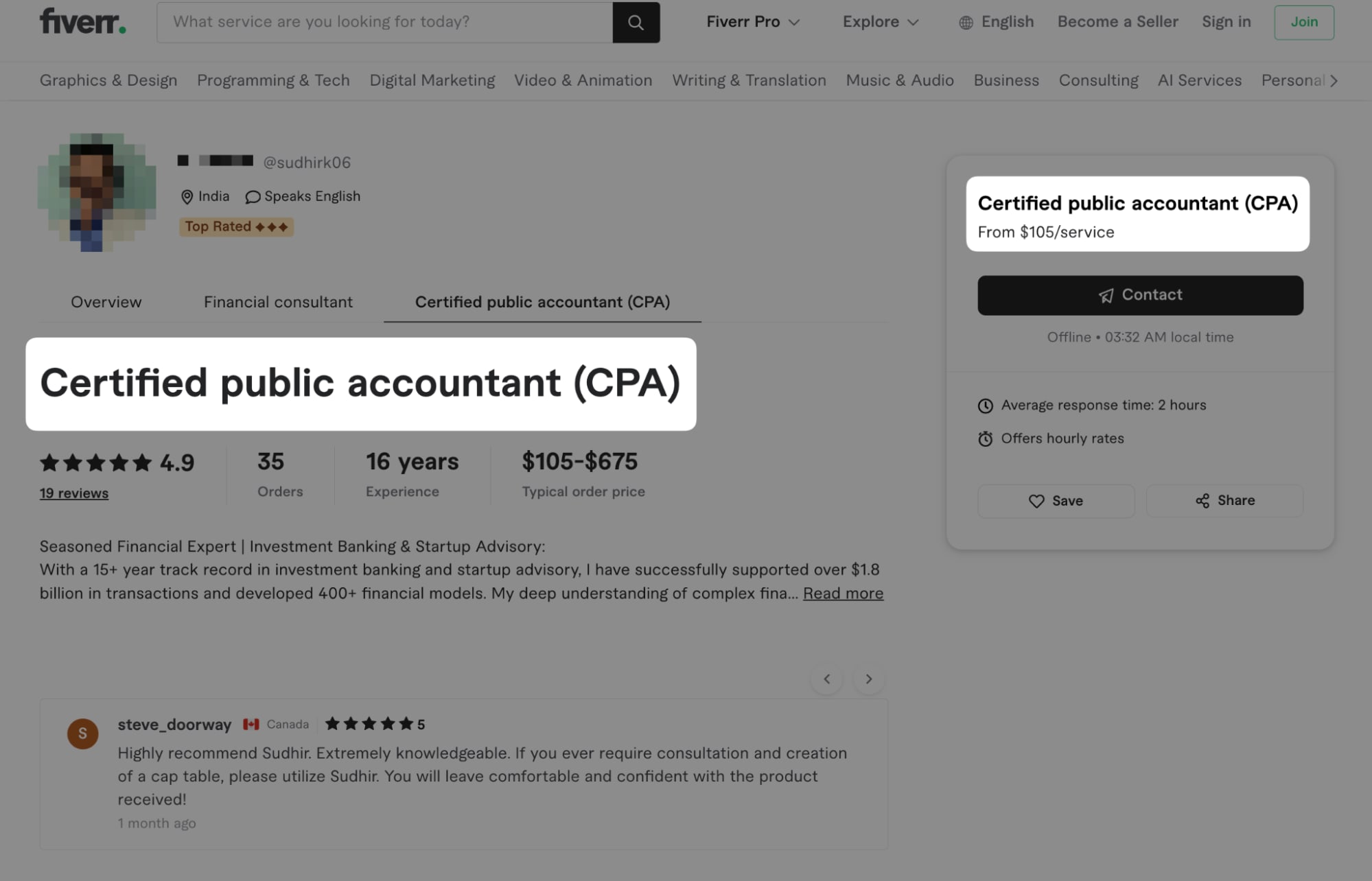 Fiverr seller profile showing tax expert accreditation