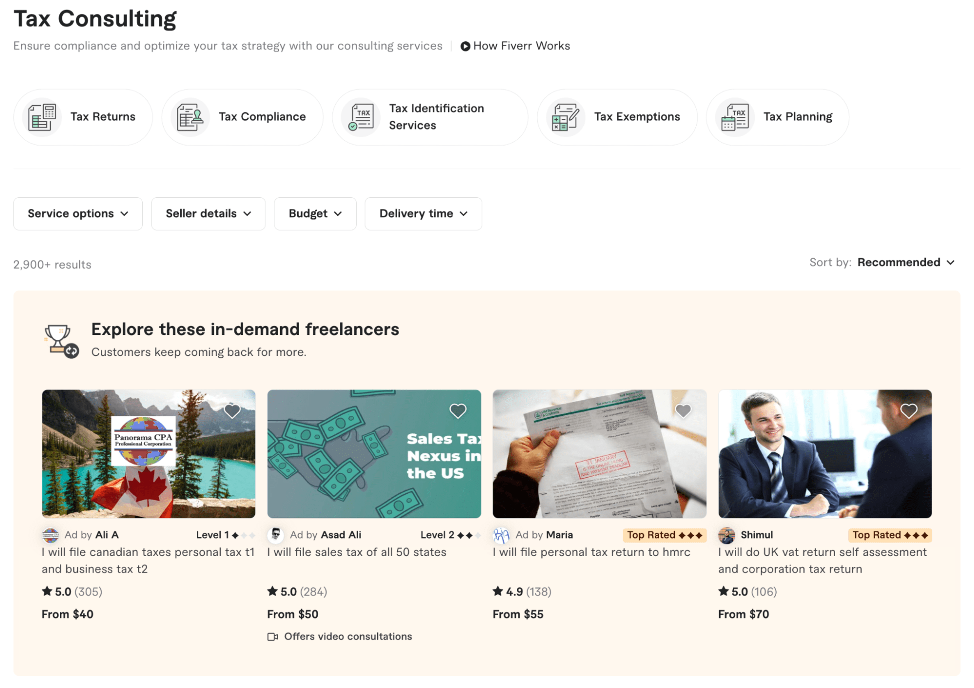 Tax consulting services on Fiverr with featured freelancer ads for tax filing and compliance tasks