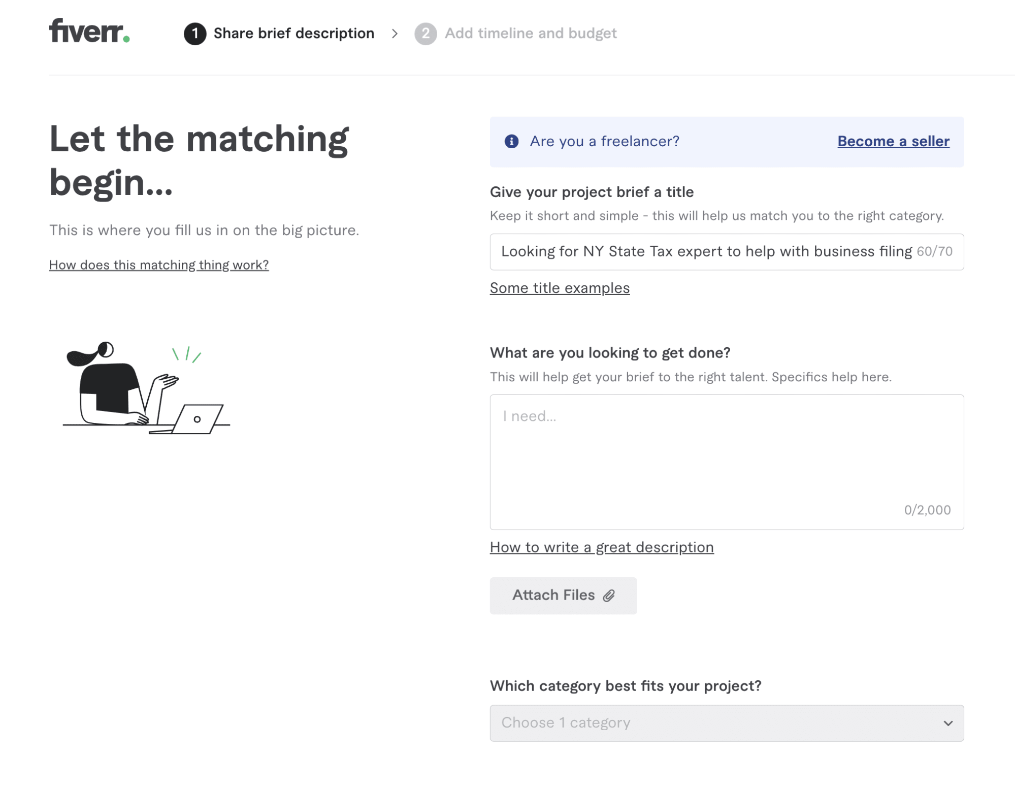 A brief on Fiverr with options to add a title, description, and category for the project