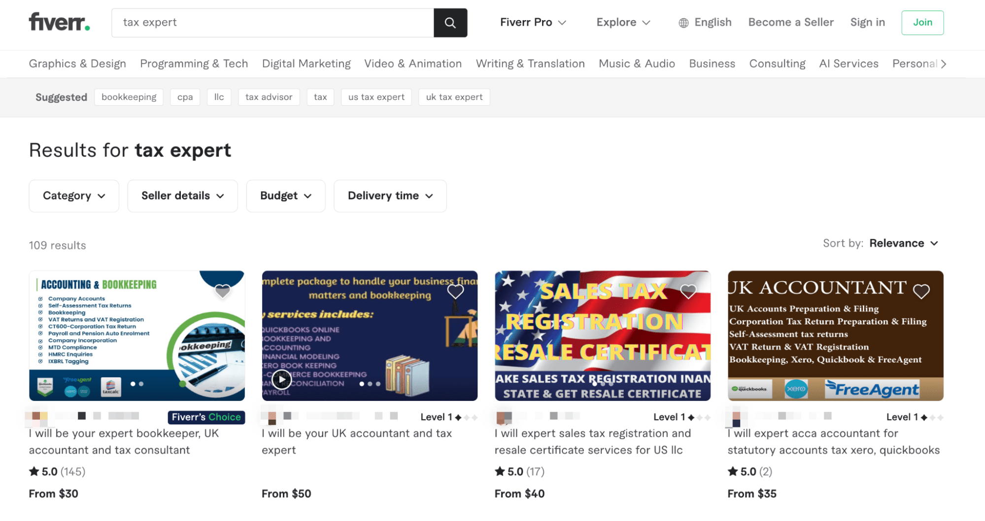 Results pages on Fiverr after searching for the keyword “tax expert”