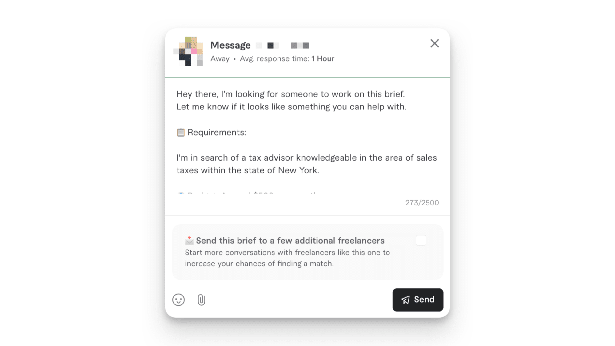 Message form on Fiverr seeking a tax advisor for New York sales taxes with budget and requirements
