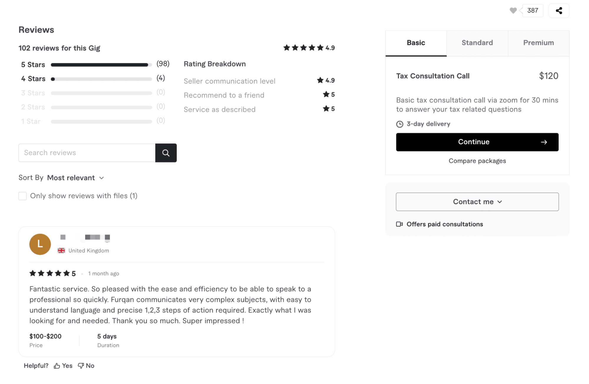 Fiverr tax consultation service with reviews rating breakdown and pricing for a basic consultation call