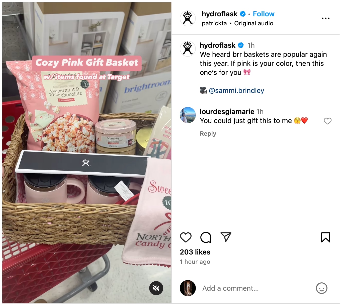 Cozy pink gift basket with Hydro Flask items