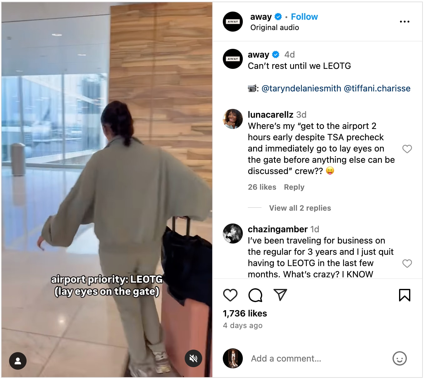 Traveler walking through an airport with Away luggage