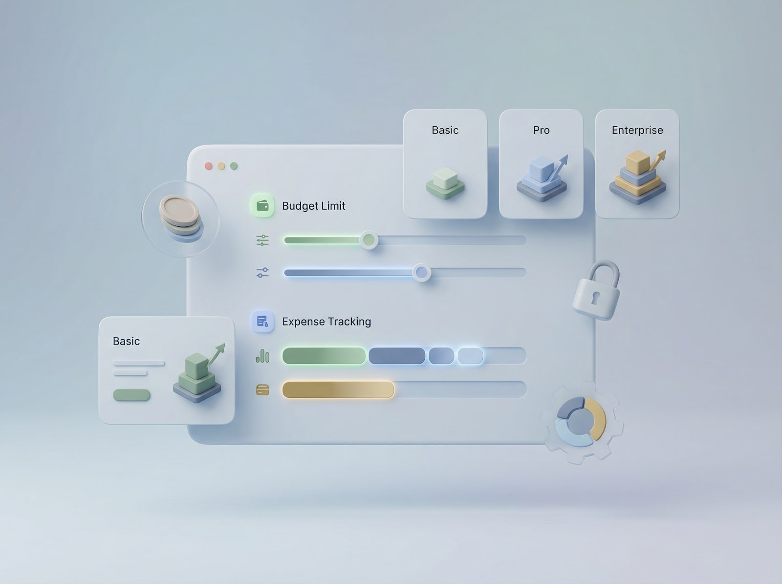 3D illustration of a pricing and budget management dashboard with plan tiers, expense tracking, and security icons