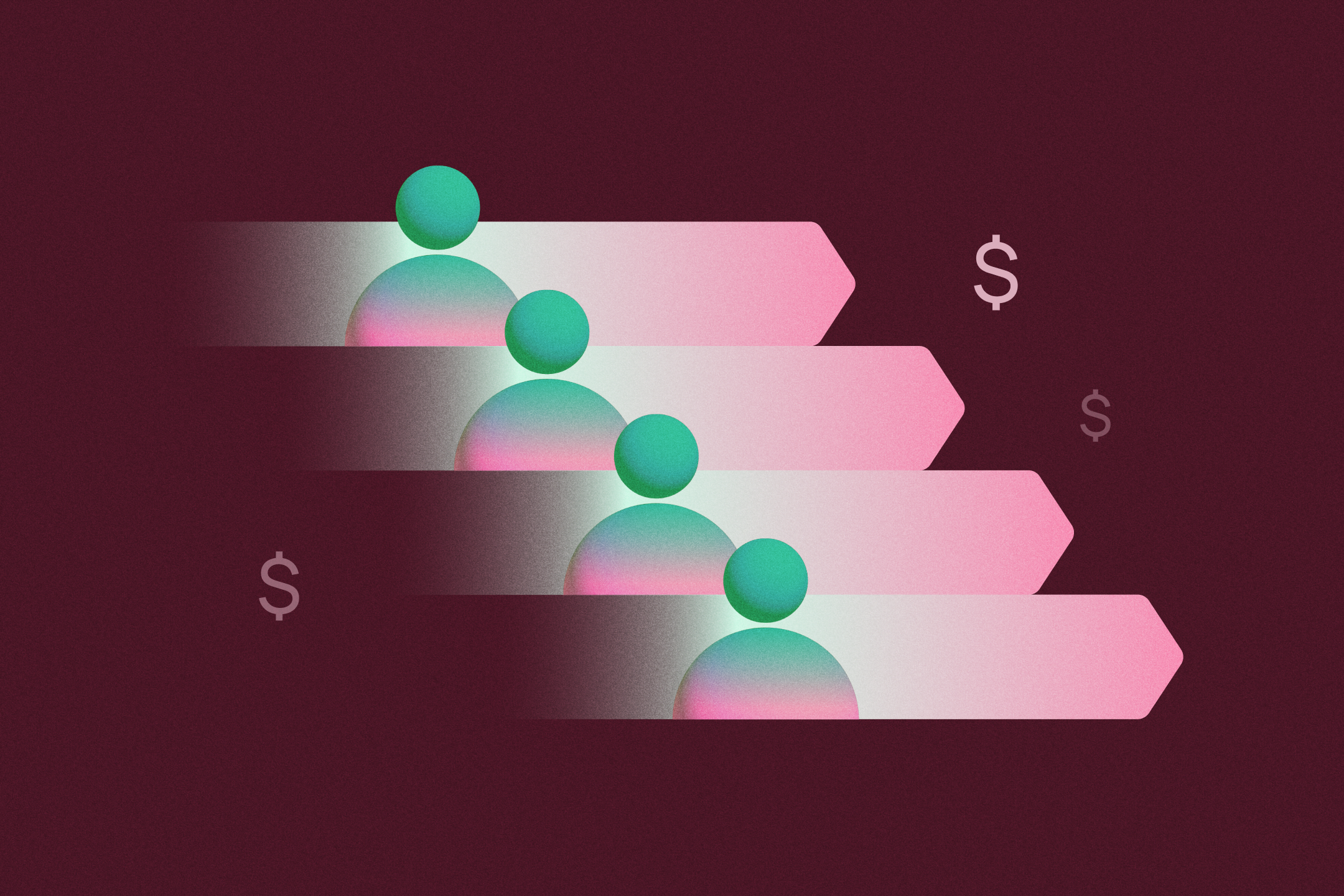 Lead generation: User icons on pink arrows with dollar signs on a dark red background Lead generation: User icons on pink arrows with dollar signs on a dark red background