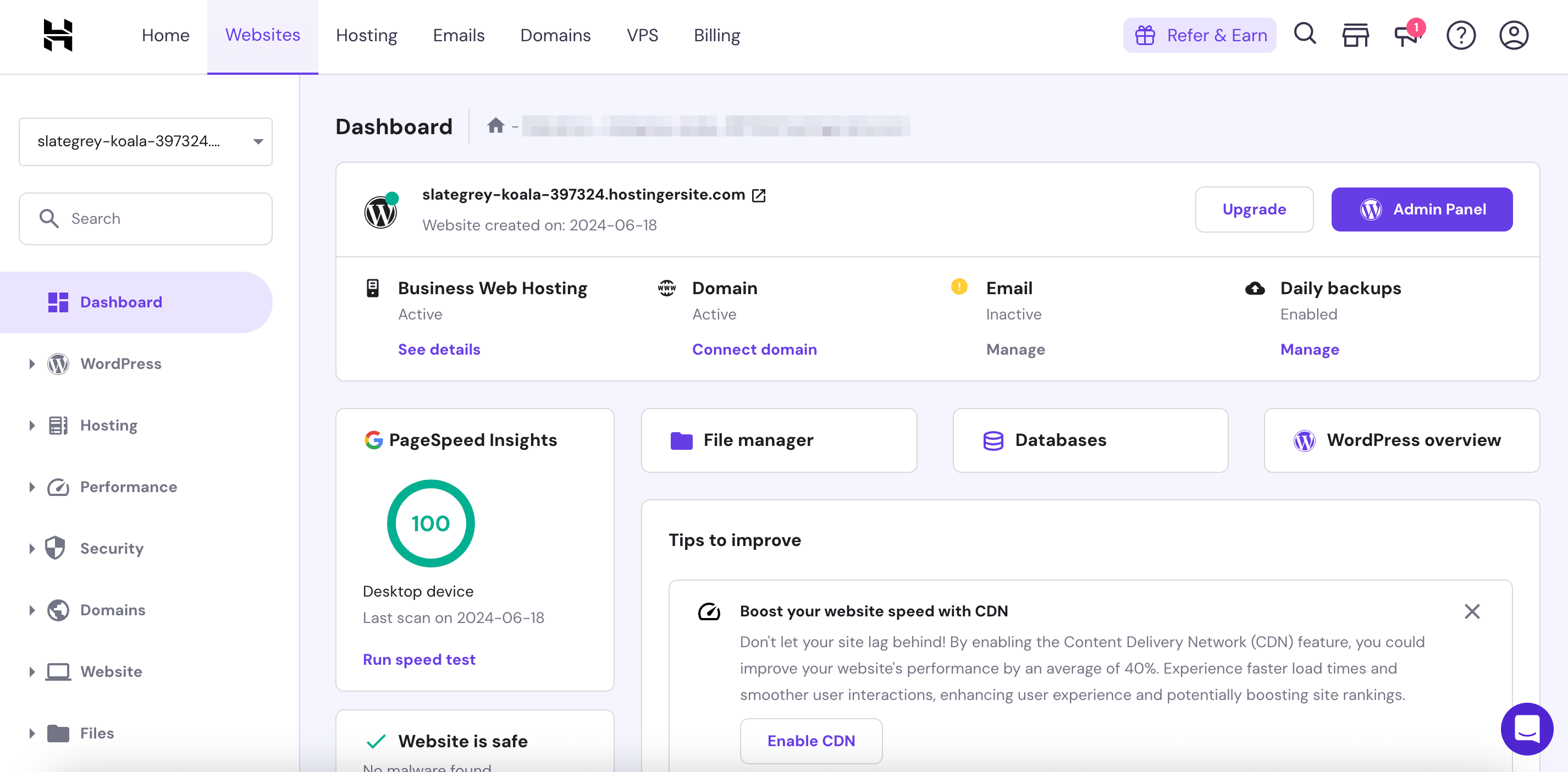 Hostinger website dashboard hPanel view
