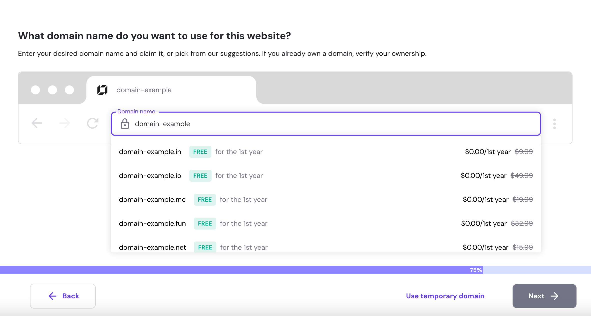 hostinger hpanel onboarding domain name page browser dropdown to select domain options