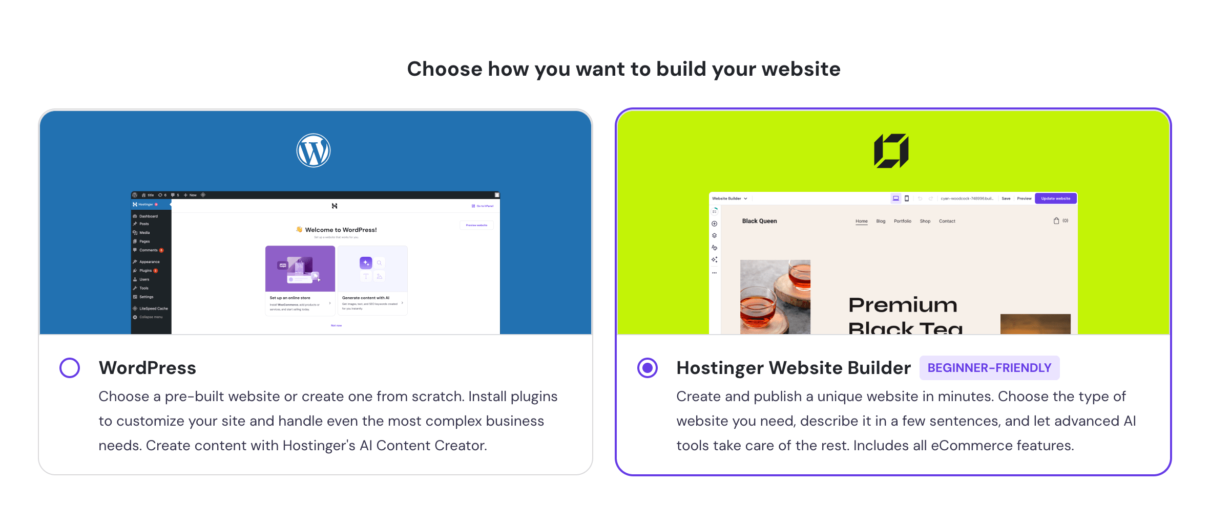 hostinger hpanel onboarding options of wordpress or website builder