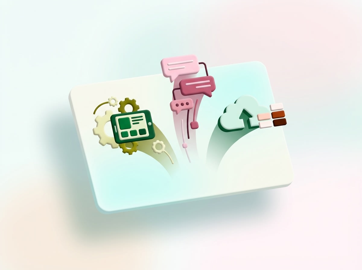 3D illustration of workflow automation with UI, chat bubbles, and cloud upload icons